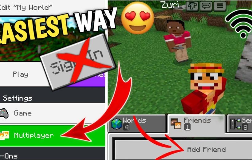 Minecraft Bedrock menu highlighting Multiplayer and Add Friend options with two players visible