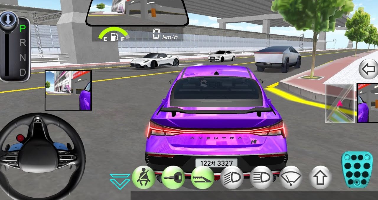 Purple sports car viewed from behind driving on city street in driving game HUD