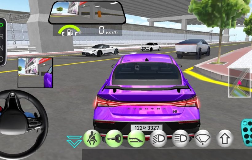 Purple sports car viewed from behind driving on city street in driving game HUD