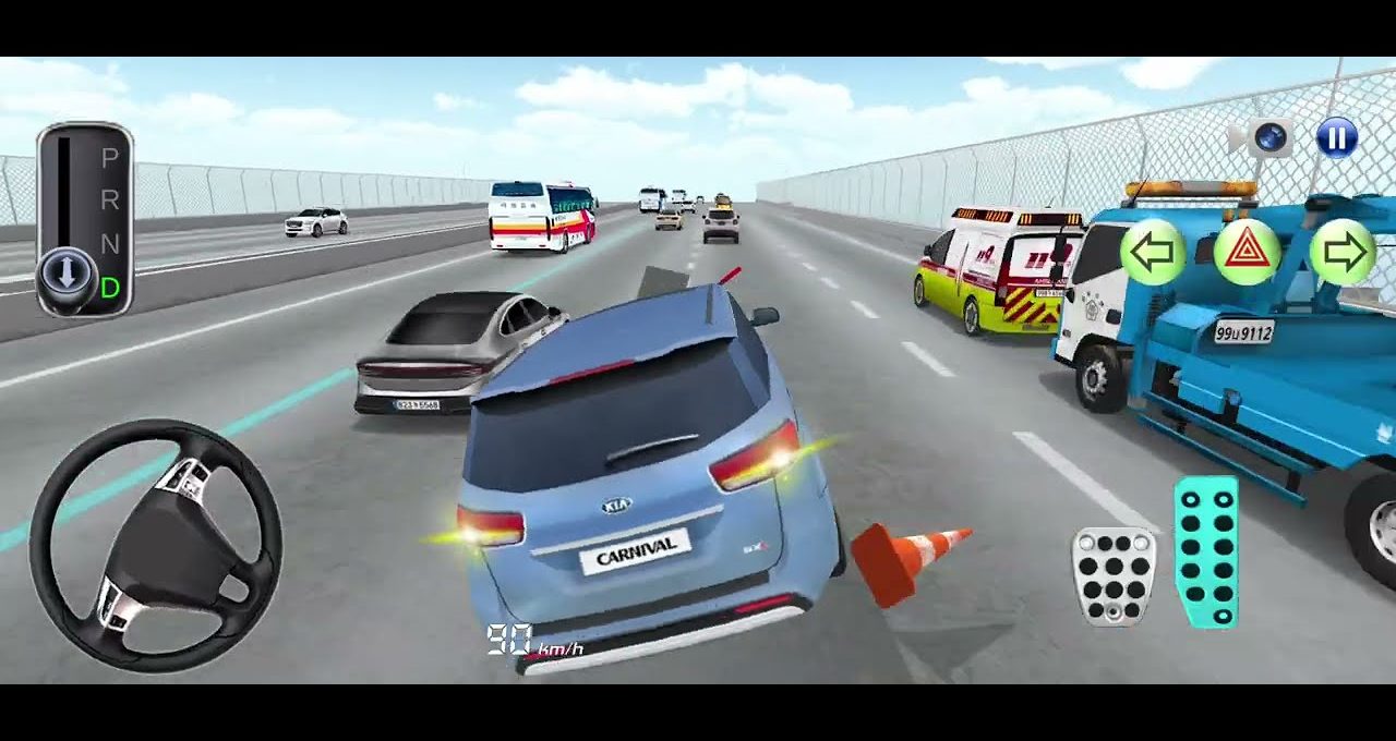 Blue SUV swerving on busy multi-lane highway amid traffic and roadside service vehicles