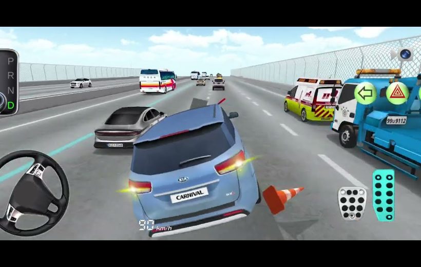 Blue SUV swerving on busy multi-lane highway amid traffic and roadside service vehicles