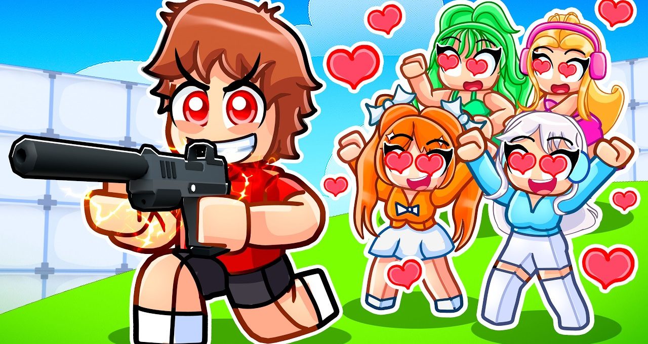 Cartoon male character with a silenced gun chased by adoring girls with heart eyes