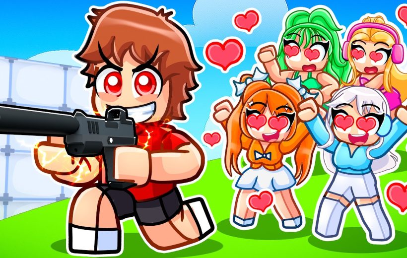 Cartoon male character with a silenced gun chased by adoring girls with heart eyes