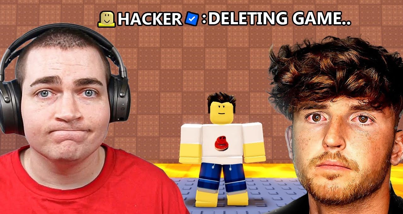 Two men with concerned expressions flank a Roblox avatar under text "Hacker: Deleting game."