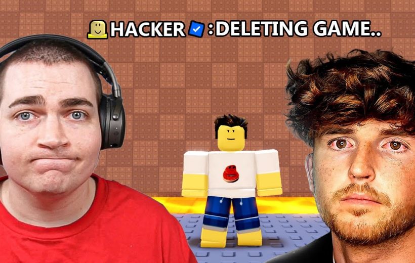 Two men with concerned expressions flank a Roblox avatar under text "Hacker: Deleting game."