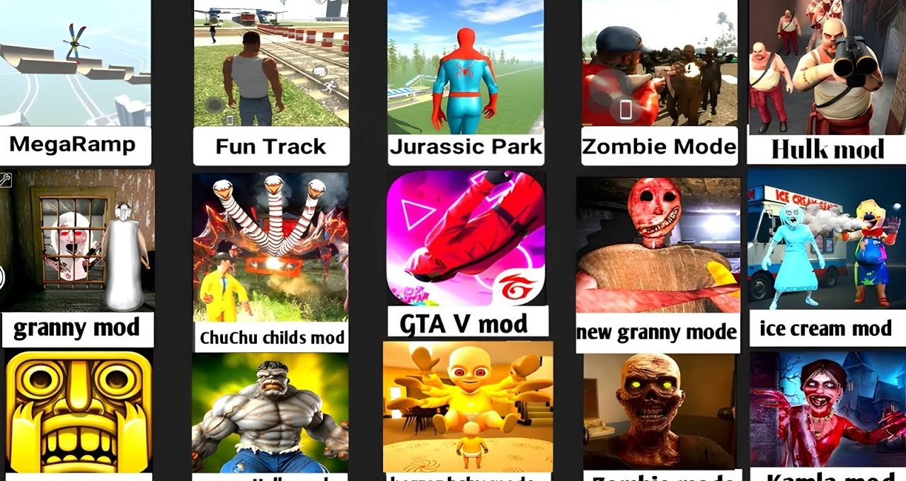 Grid of colorful mobile game thumbnails showing various horror, action, and modded themes.