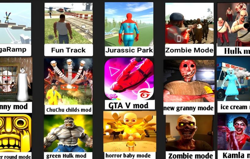 Grid of colorful mobile game thumbnails showing various horror, action, and modded themes.