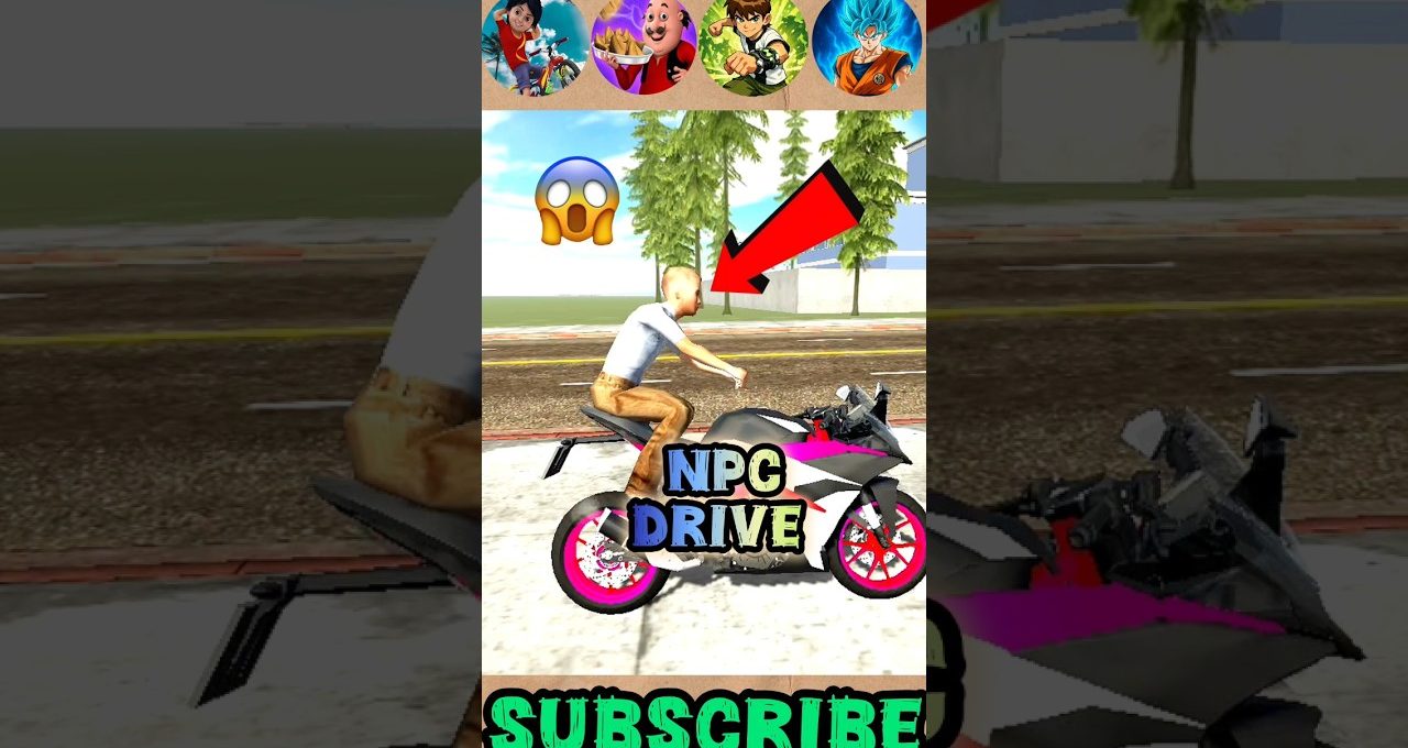 NPC character riding a sport motorcycle on a city street with arrow indicator