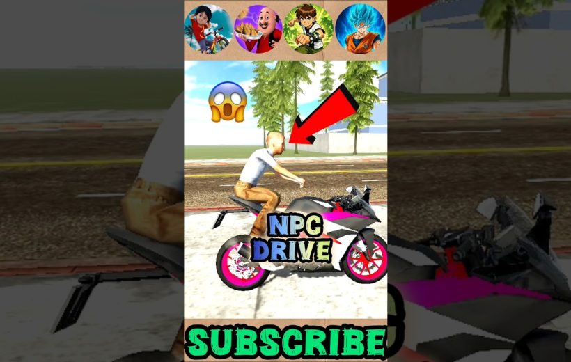 NPC character riding a sport motorcycle on a city street with arrow indicator