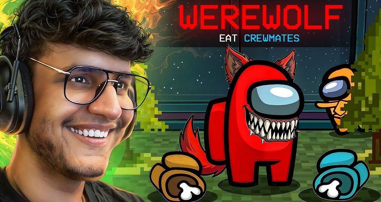 Smiling gamer with headset beside a menacing red werewolf crewmate from Among Us