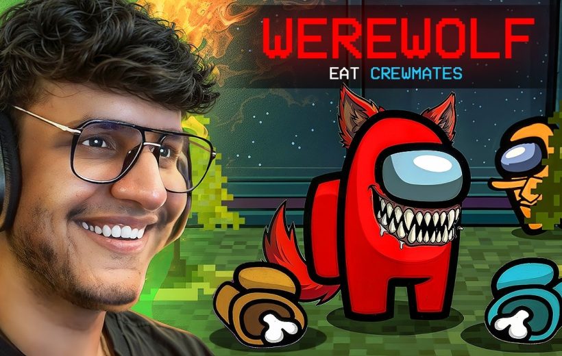 Smiling gamer with headset beside a menacing red werewolf crewmate from Among Us