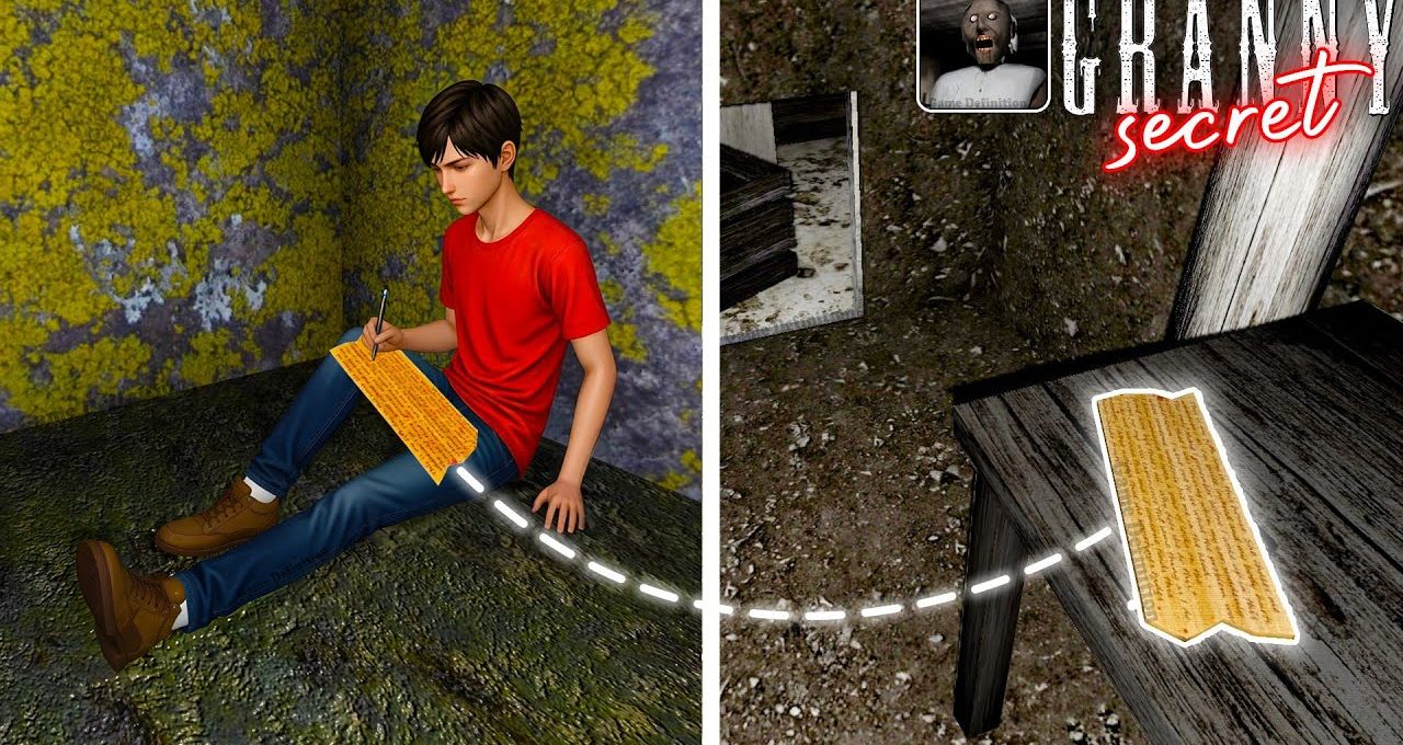 Teen boy writing on a parchment inside a mossy stone room, parchment highlighted nearby.