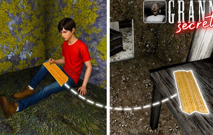 Teen boy writing on a parchment inside a mossy stone room, parchment highlighted nearby.