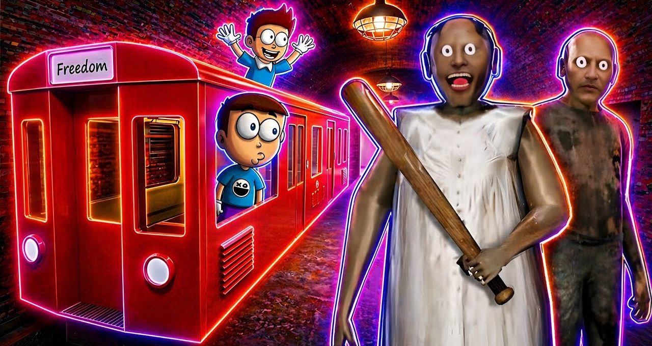 Cartoon boys in red subway confronting eerie bat-wielding woman and shadowy figure