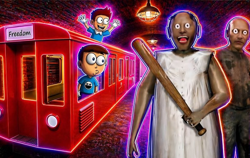Cartoon boys in red subway confronting eerie bat-wielding woman and shadowy figure