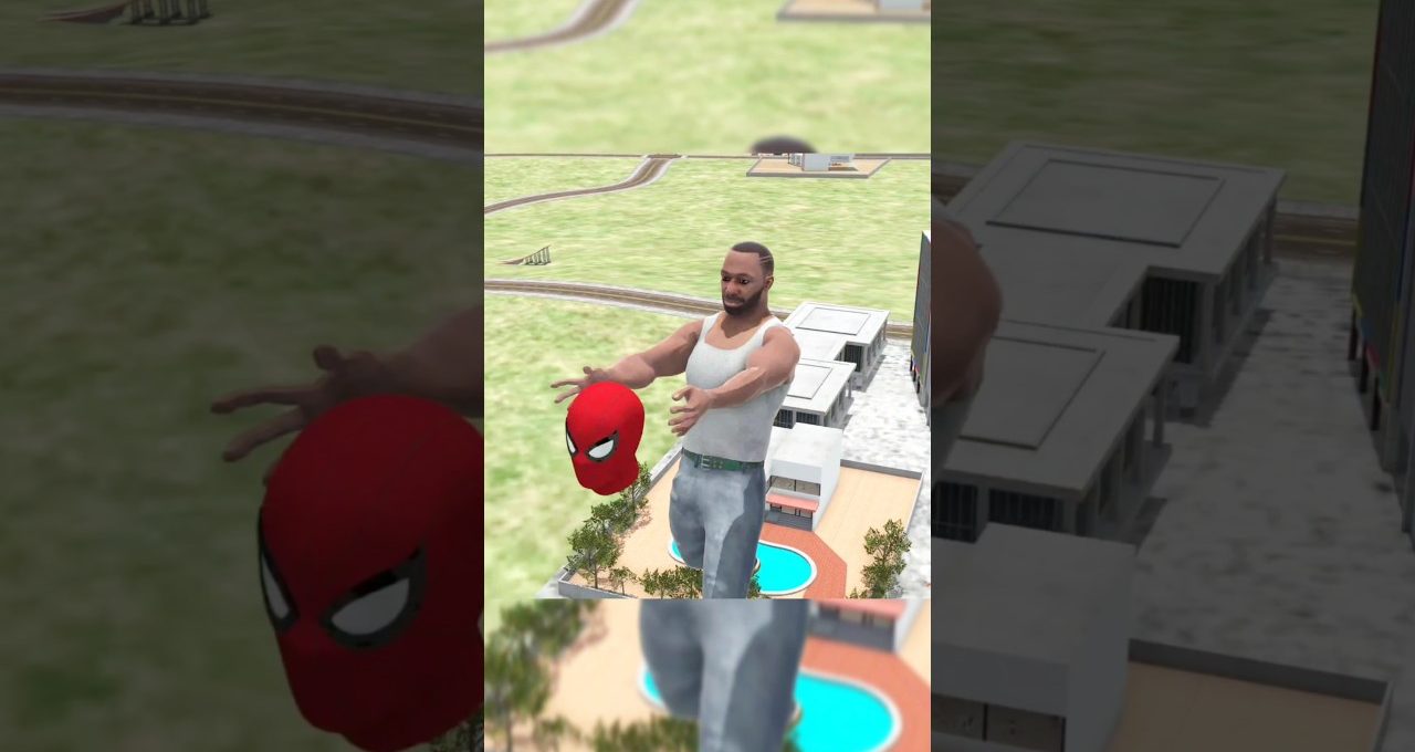 Man in tank top holding a floating Spider-Man mask above a suburban pool complex