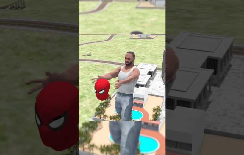 Man in tank top holding a floating Spider-Man mask above a suburban pool complex