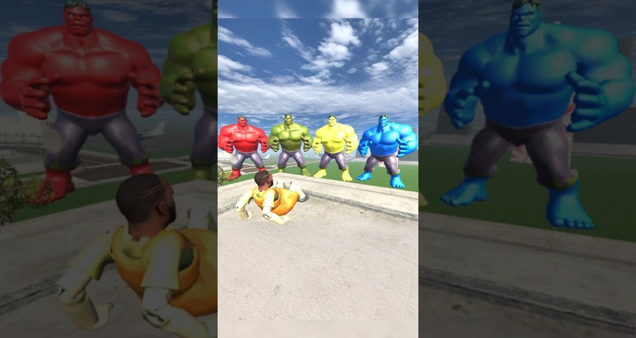 Person on rooftop facing four giant colorful Hulk-like figures under cloudy sky