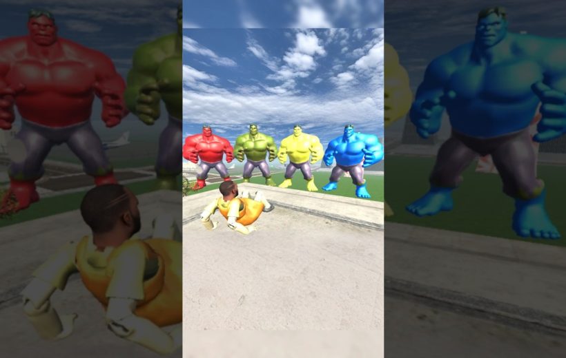 Person on rooftop facing four giant colorful Hulk-like figures under cloudy sky