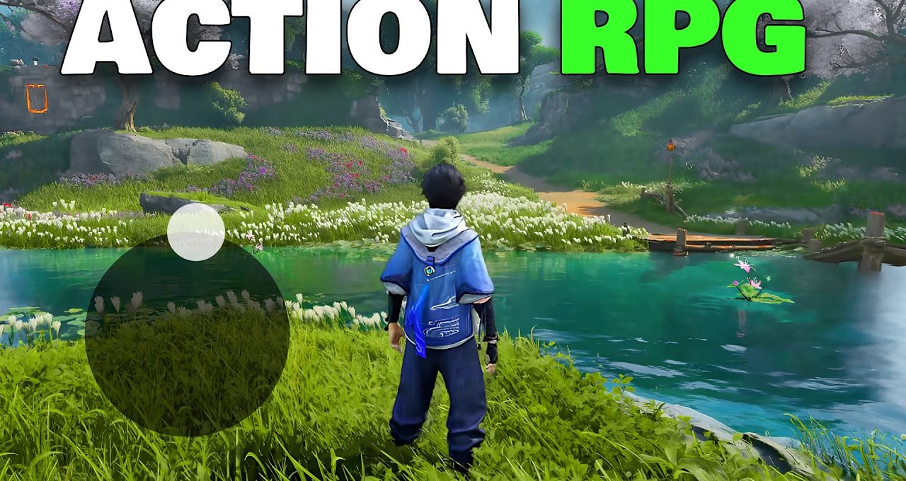 Young cloaked character overlooking a vibrant lake and grassy, flower-filled RPG landscape