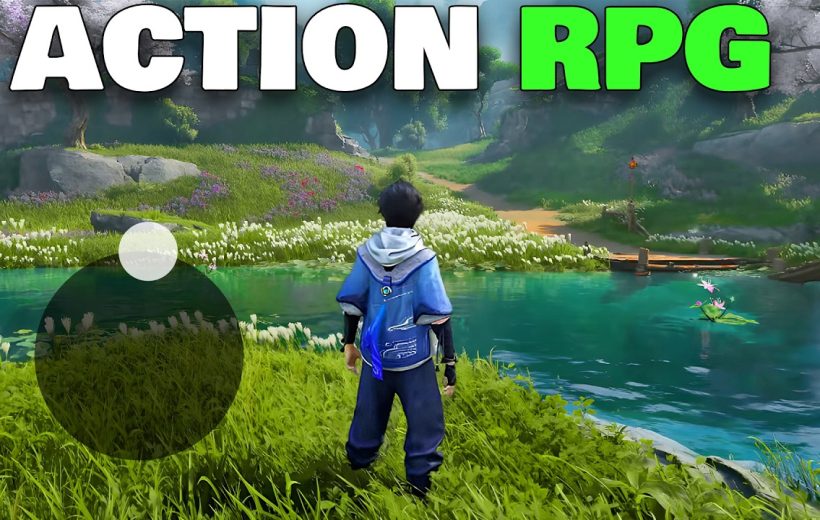Young cloaked character overlooking a vibrant lake and grassy, flower-filled RPG landscape