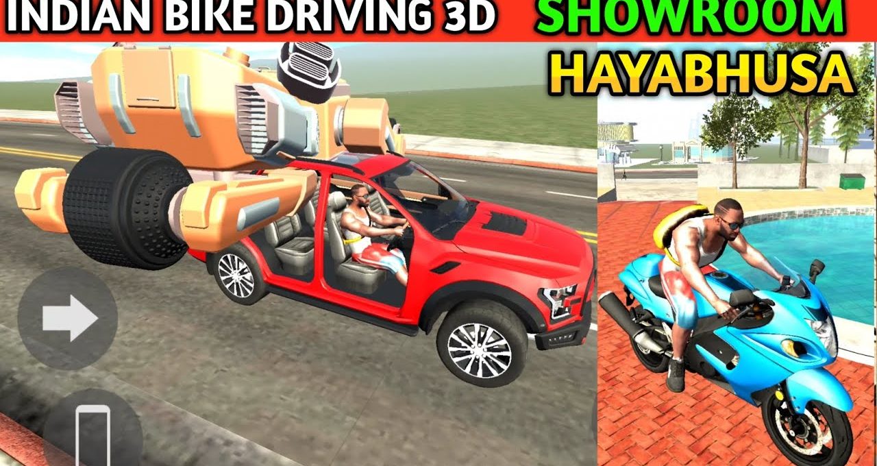 Man driving red SUV with futuristic engine next to rider on blue sportbike