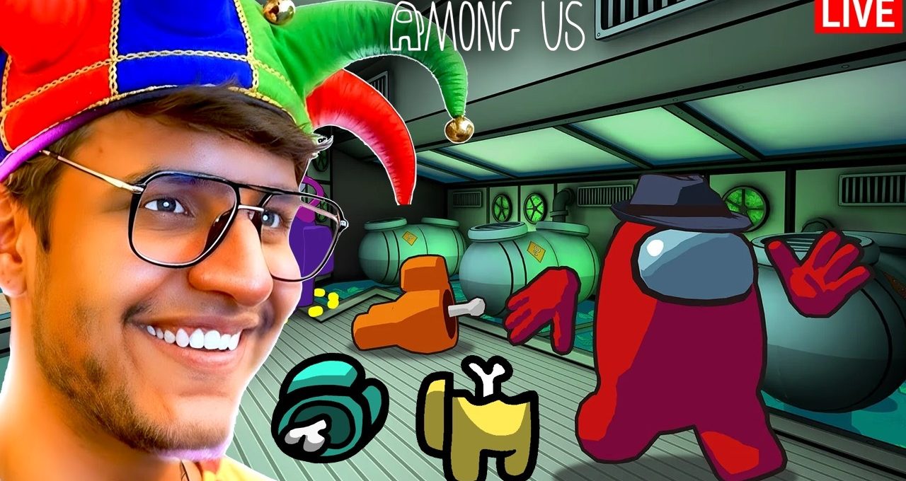 Smiling gamer with jester hat beside Among Us crewmates and red impostor in spaceship