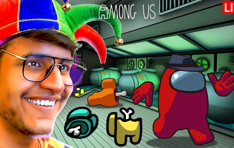 Smiling gamer with jester hat beside Among Us crewmates and red impostor in spaceship