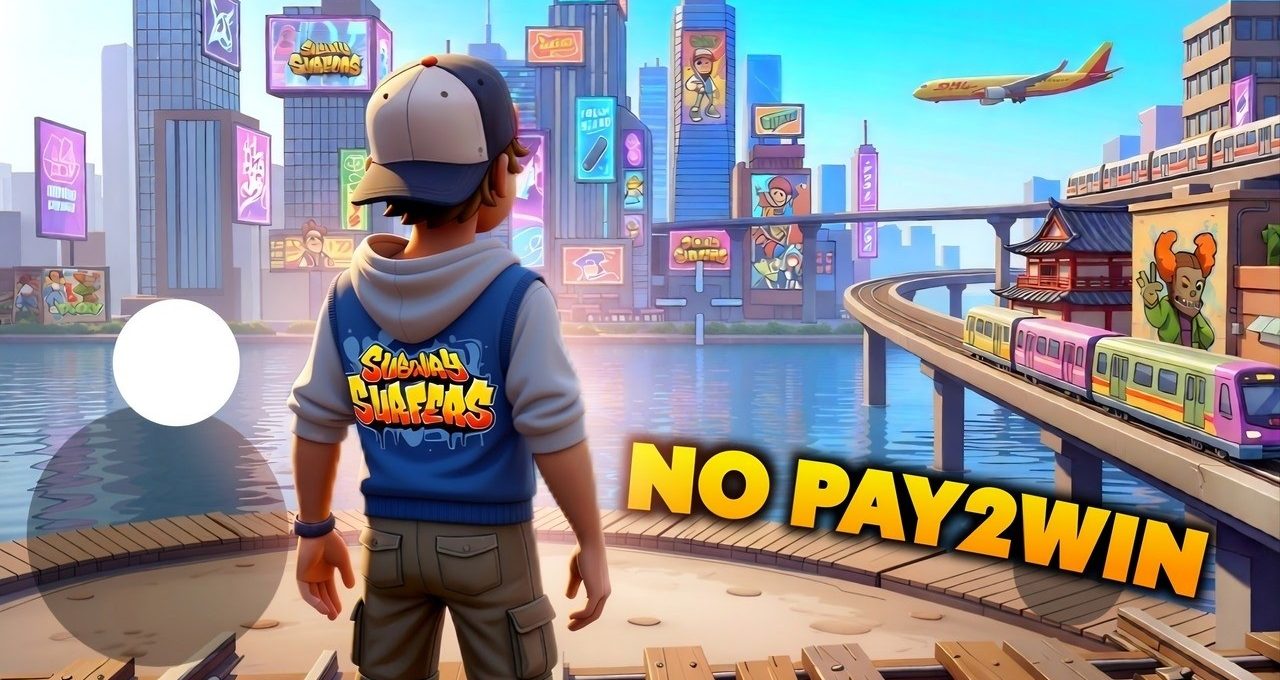 Young skateboarder overlooking futuristic city, trains, and river with "No Pay2Win" text