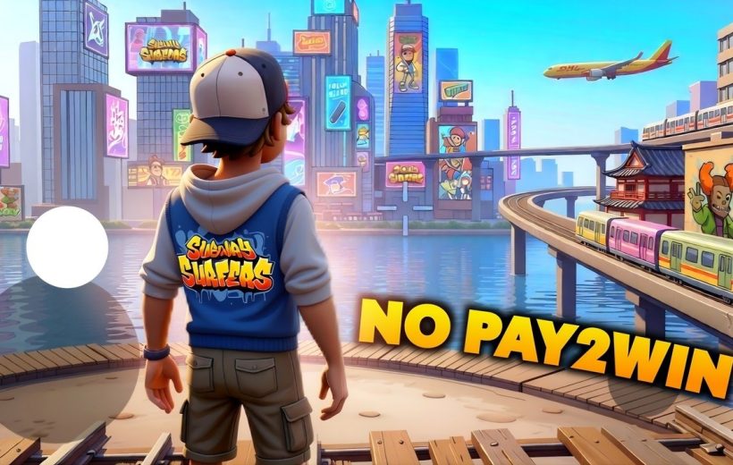 Young skateboarder overlooking futuristic city, trains, and river with "No Pay2Win" text