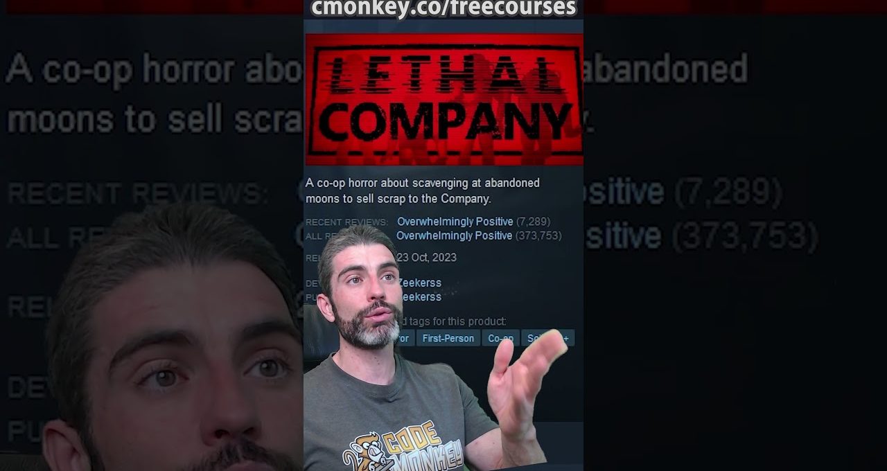 Man gesturing while a Steam store page for the game "Lethal Company" displays above