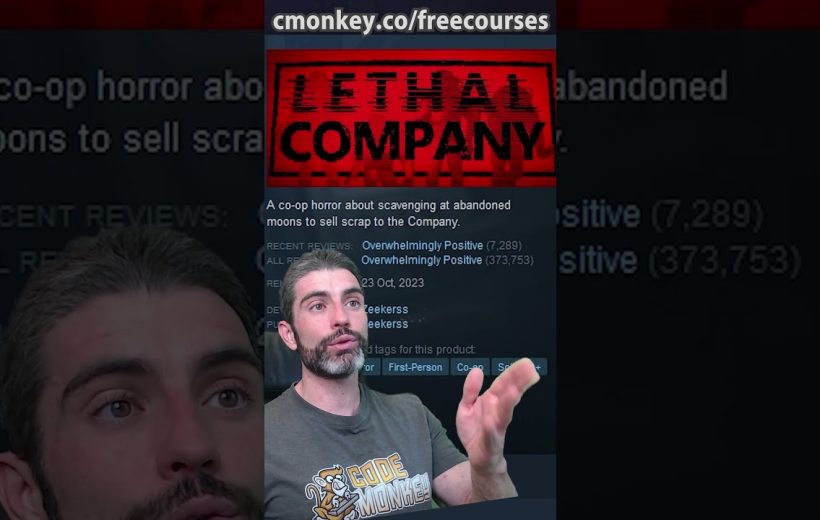 Man gesturing while a Steam store page for the game "Lethal Company" displays above