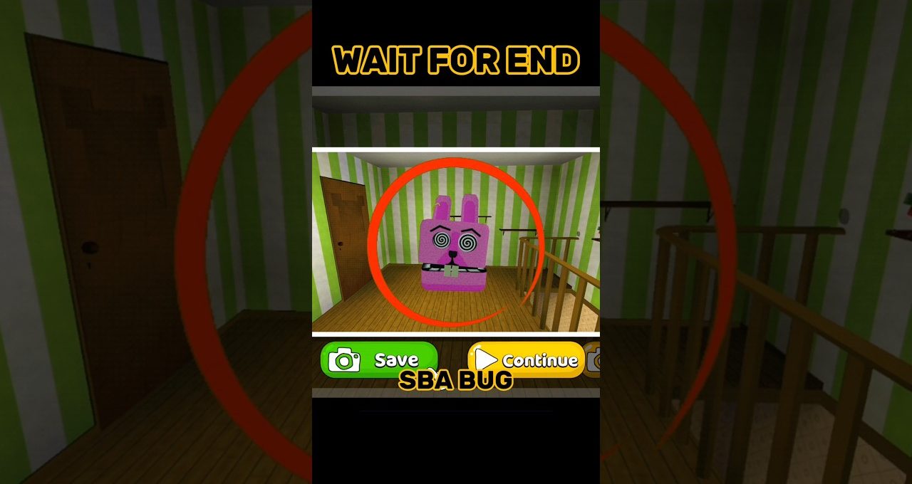 Pink spiral-eyed rabbit toy in a striped room with save and continue buttons