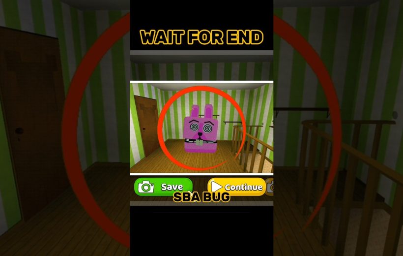 Pink spiral-eyed rabbit toy in a striped room with save and continue buttons