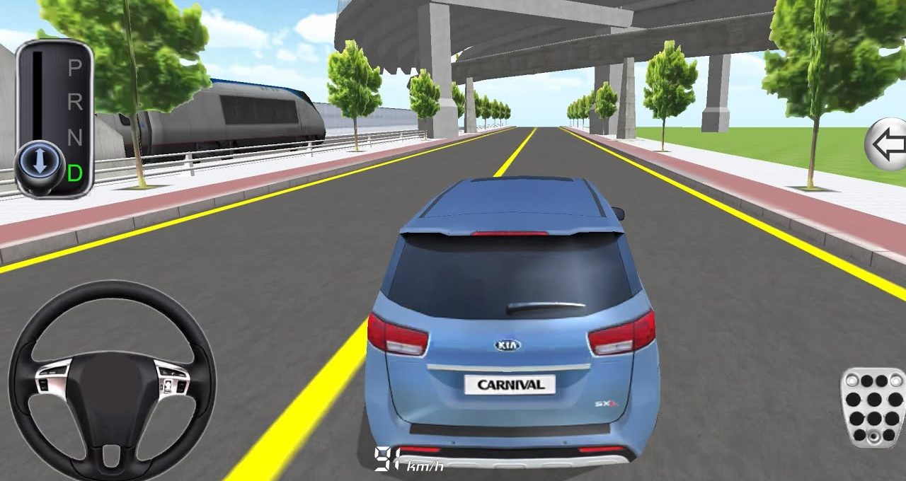 Blue SUV driving on empty city road under elevated highway in driving simulator.