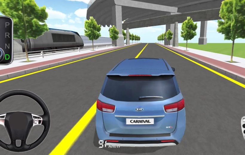 Blue SUV driving on empty city road under elevated highway in driving simulator.