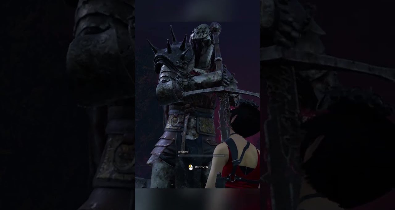 Armored, spiked statue wielding a sword looming over a kneeling woman player.