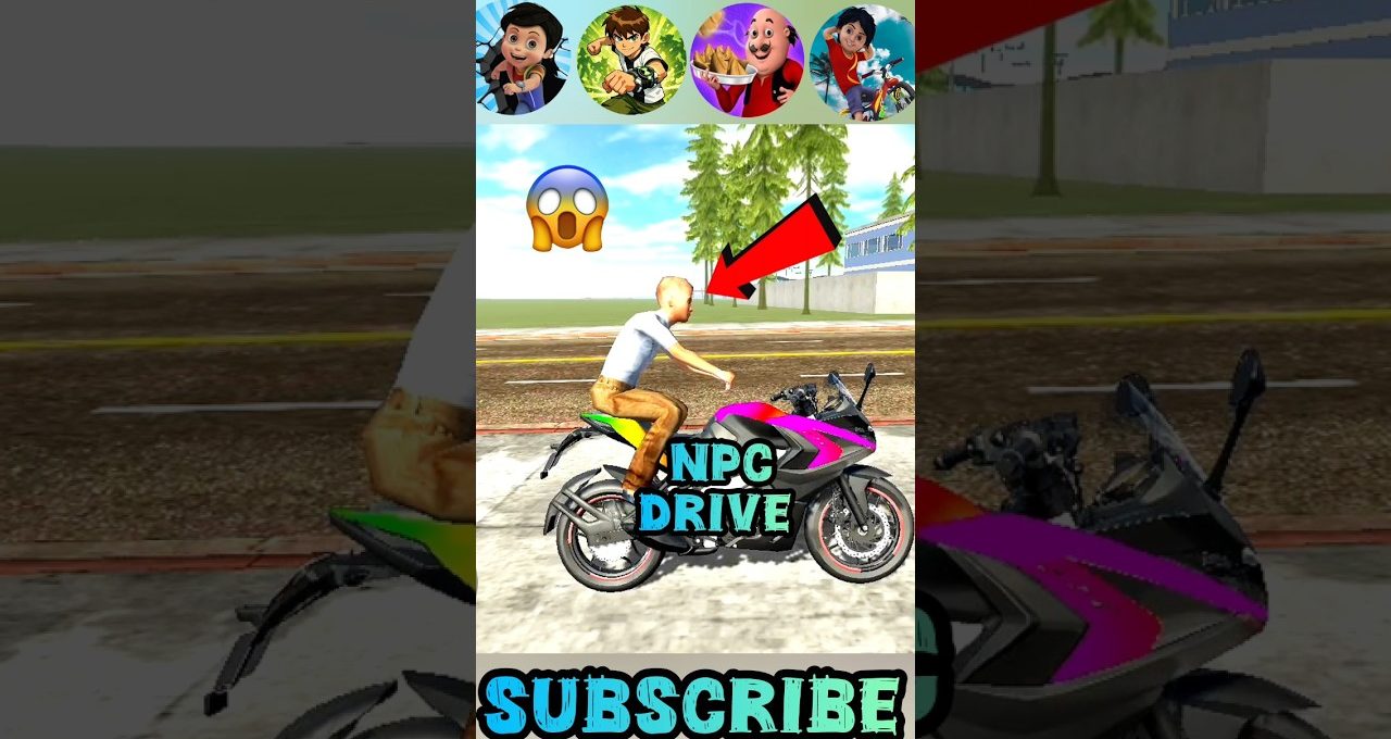 Cartoon NPC riding a colorful sport motorcycle on a roadside with trees nearby