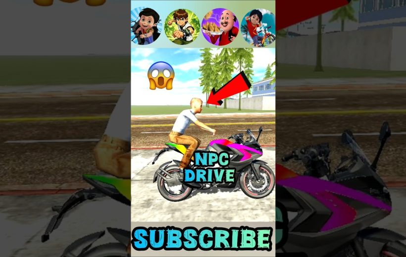 Cartoon NPC riding a colorful sport motorcycle on a roadside with trees nearby