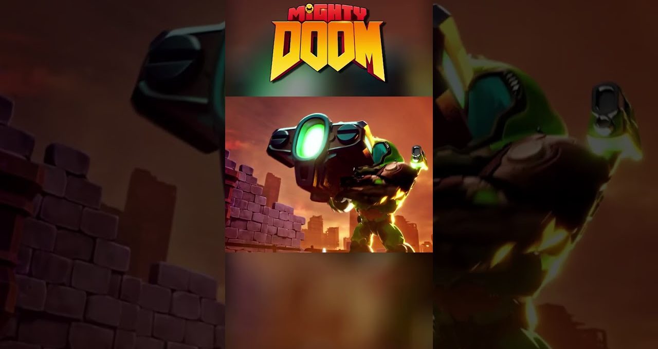 Armored space marine wielding oversized glowing cannon against a ruined city backdrop