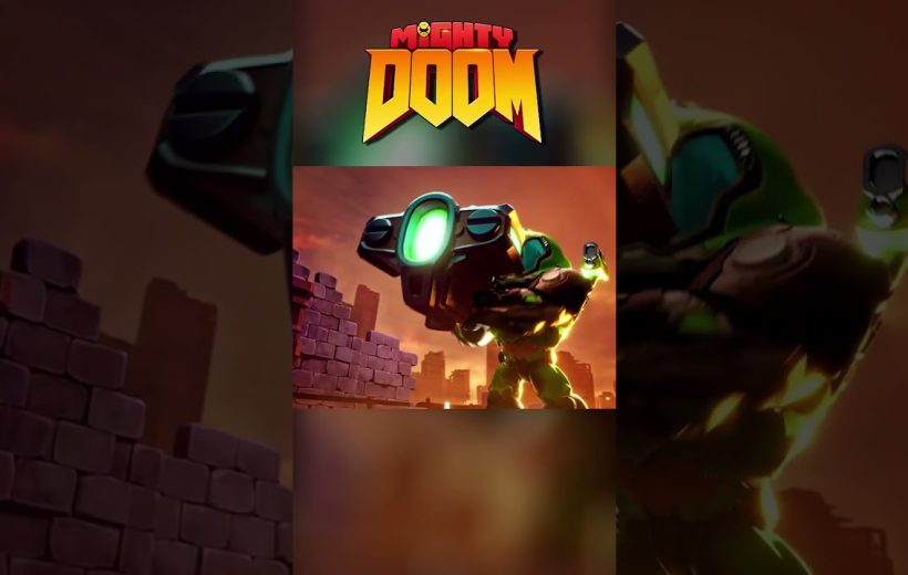 Armored space marine wielding oversized glowing cannon against a ruined city backdrop