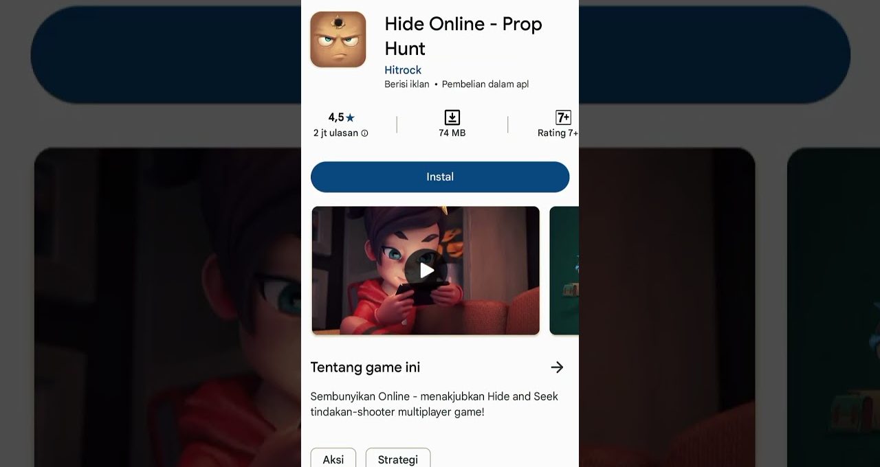 Mobile app store listing for "Hide Online - Prop Hunt" with install button and preview thumbnail
