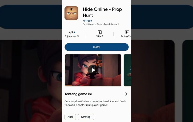 Mobile app store listing for "Hide Online - Prop Hunt" with install button and preview thumbnail