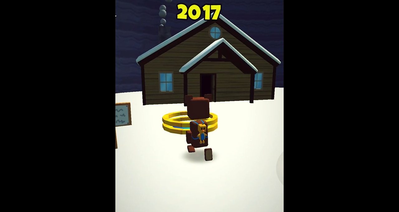 Cartoon bear character with backpack walking toward snowy cabin beneath bold "2017" text
