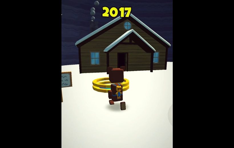 Cartoon bear character with backpack walking toward snowy cabin beneath bold "2017" text