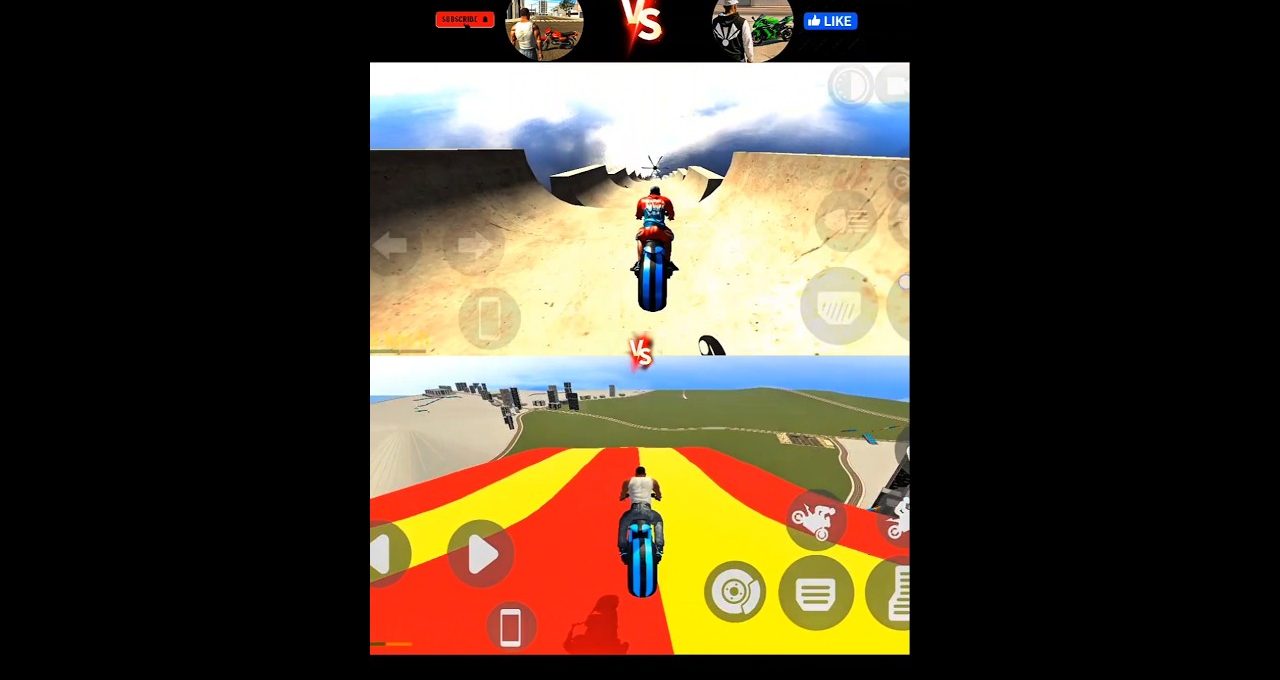 Split-screen view of two motorcycles racing on colorful stunt ramps toward a cityscape