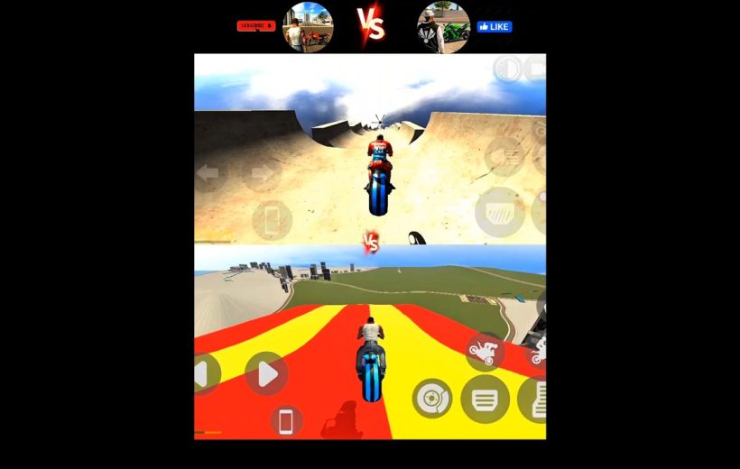 Split-screen view of two motorcycles racing on colorful stunt ramps toward a cityscape