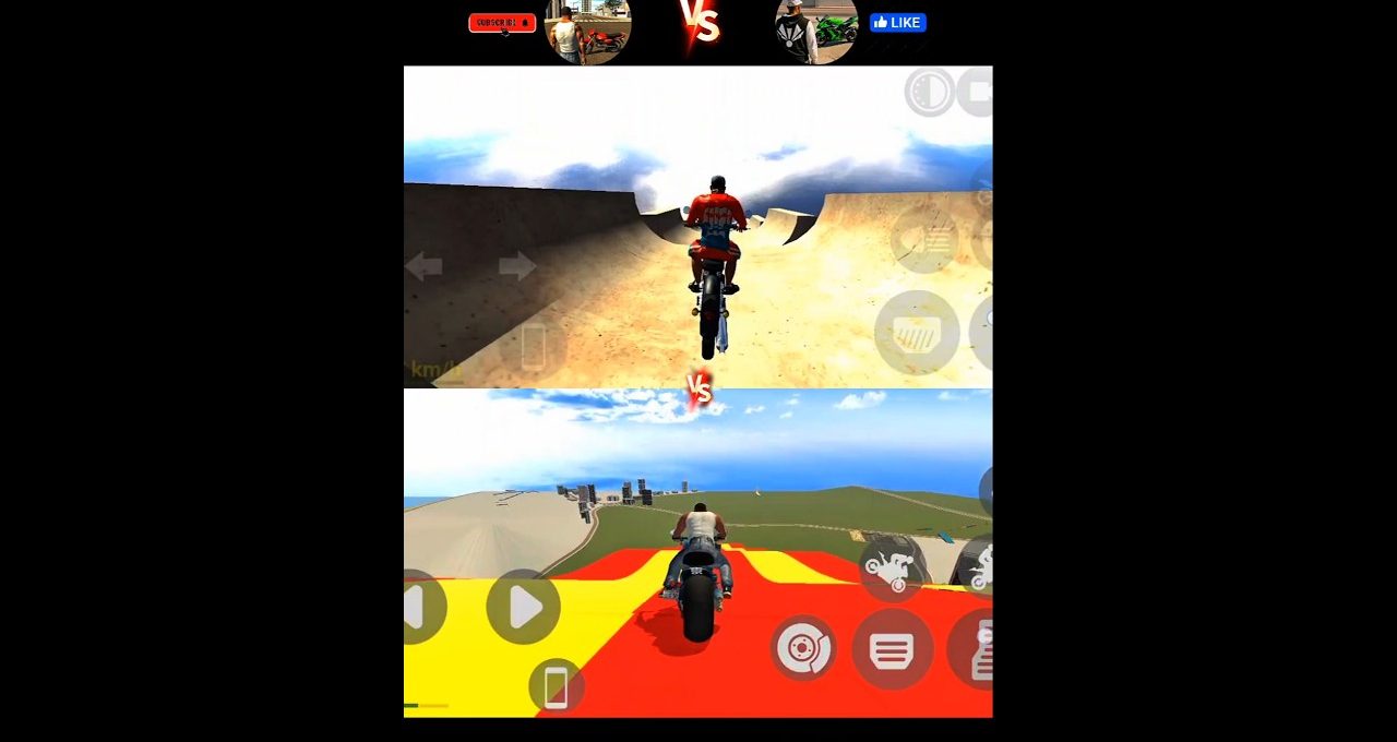 Split-screen motorcycle racing game showing two riders on different stunt courses against sky.