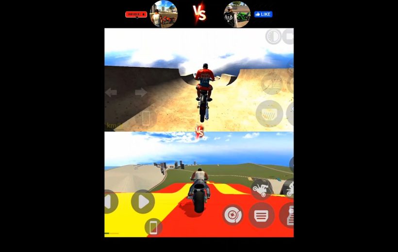 Split-screen motorcycle racing game showing two riders on different stunt courses against sky.