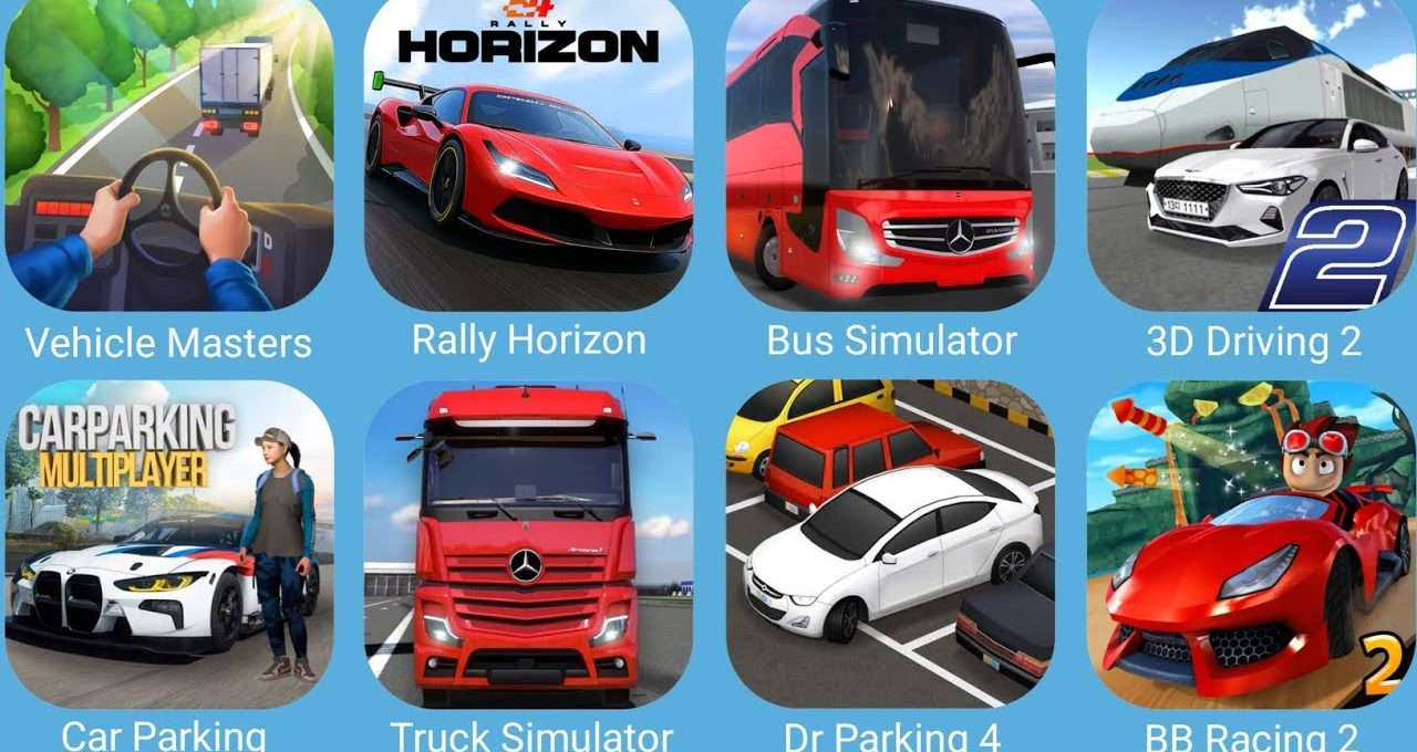 Grid of mobile driving and parking game icons featuring cars, trucks, buses, and racing.